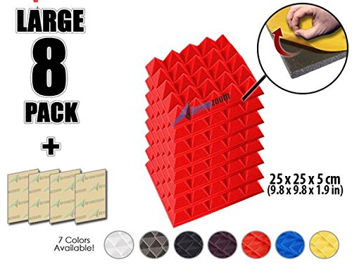 Arrowzoom New 8 Pack of 9.8" X 9.8" X 1.9" Inches Soundproofing Insulation Pyramid Self Adhesive Acoustic Foam Wall Padding Studio Foam Tiles AZ1053 (RED)