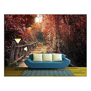 Fantasy Forest in Autumn Surreal Colors. Road Path Way Through Dense Trees - Removable Wall Mural | Self-Adhesive Large Wallpaper - 66x96 inches