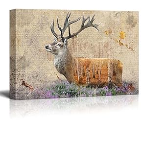 Double Exposure Rustic Deer in a Field of Lavender - Canvas Art Home Art - 12x18 inches