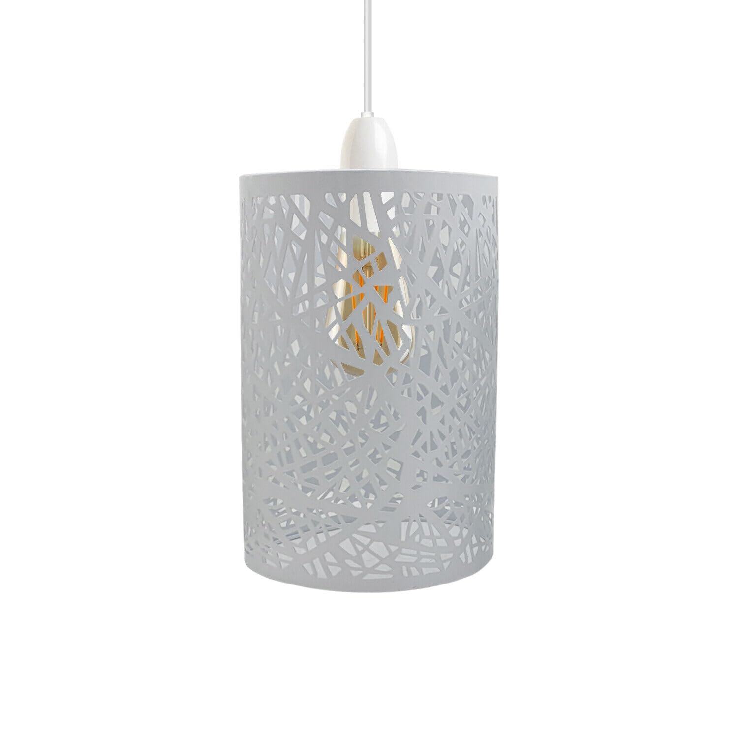 DC VOLTAGE Retro Style Industrial E27 White Metal Drum Cage 15W x 25H Ceiling Pendant Lamp Shade Easy Fit Hanging Lights with Reducer Plate for Bedroom Kitchen Dining Room Hallway — image 1