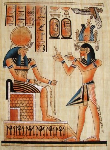 Egyptian Hand-Painted Papyrus Artwork (Imported): Ramesses II Offering to Re-Horakhty