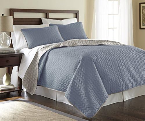 Amrapur 3CVTFLSG-DNS-KG 3 Piece Denim/Silver Leaf Solid Reversible Coverlet Set, King