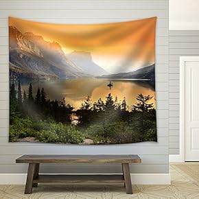 Wild Goose Island on Saint Mary Lake in Glacier National Park, Montana - Fabric Wall Tapestry Home Decor - 51x60 inches