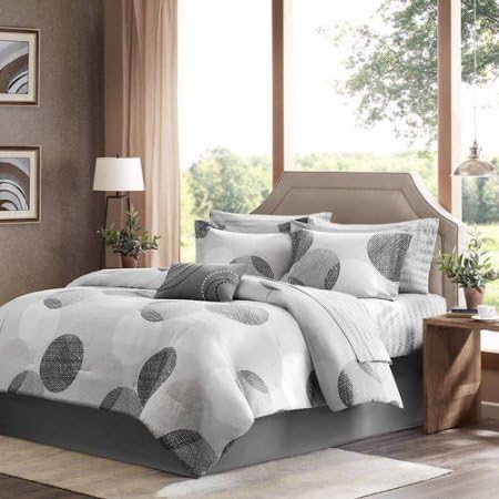 Home Essence Cabrillo Complete Cotton Bed Set Includes 1 Comforter, 2 Standard shams, 1 Bed skirt, 1 Flat sheet, 1 Fitted sheet, 2 Pillowcases, 1 Decorative pillow (9 Piece in a bag) - Queen, Grey