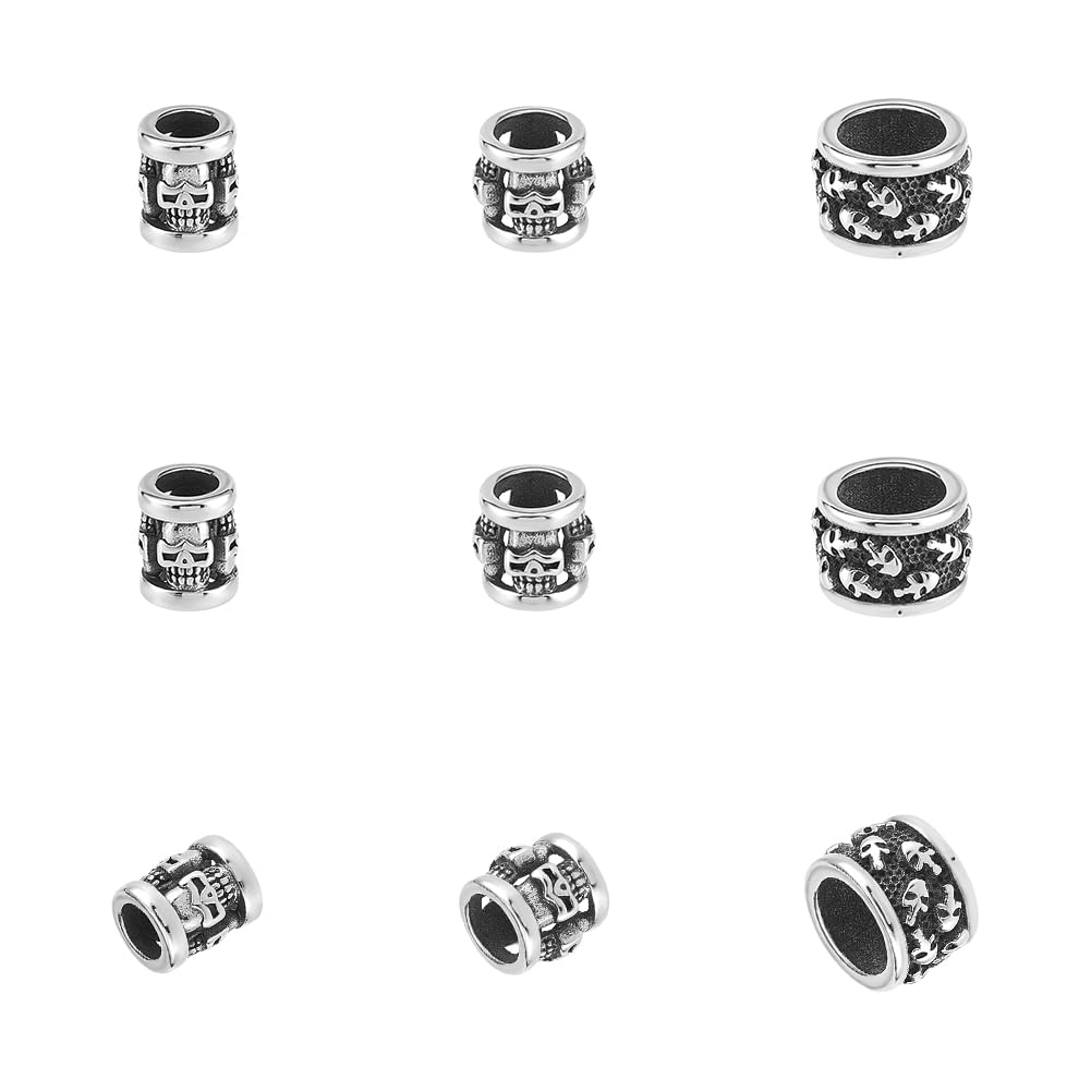 UNICRAFTALE About 9Pcs 3 Styles Halloween Stainless Steel Beads Spacer Beads Antique Silver Column & Rondelle with Skull Large Hole Beads Metal Beads for DIY Bracelet Necklace Jewelry Making