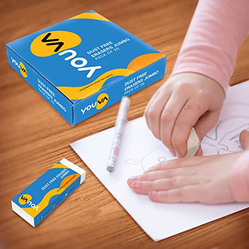YOUVA Navneet | Jumbo Dust Free Erasers for Kids, School Supply and Office | Pack of 20, White 3