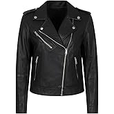 TUFFRANO Women’s Black Leather Moto Biker Jacket – Classic Asymmetrical Zip Motorcycle Coat with Lapel Collar