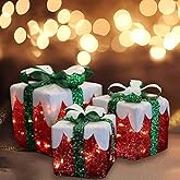 MorTime Set of 3 LED Boxes with Green Bows, Lighted Red Boxes with 60 LED Light String for Christmas Indoor Outdoor Home Yard Party Decoration