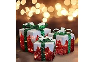 MorTime Set of 3 LED Boxes with Green Bows, Lighted Red Boxes with 60 LED Light String for Christmas Indoor Outdoor Home Yard Party Decoration