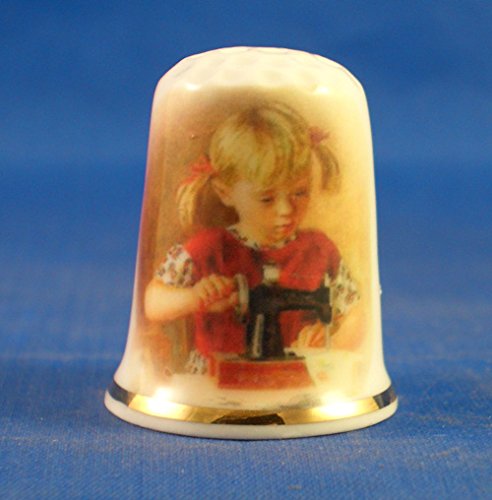 Porcelain China Thimble -- Girl in Red with Toy Sewing Machine