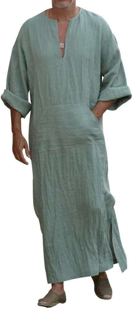 Men's Caftan V-Neck Short Sleeve Robe Side Split Cotton Long Gown Thobe S-5XL