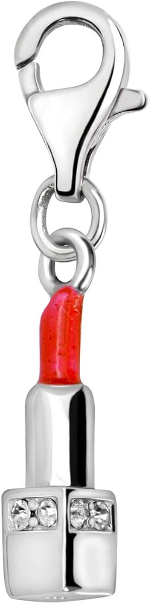 Quiges 925 Sterling Silver White Cubic Zirconia and Red Enamel 3D Lipstick Lobster Clasp Charm Clip on Pendant