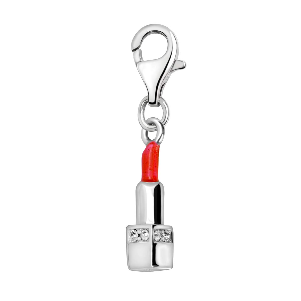 Quiges 925 Sterling Silver White Cubic Zirconia and Red Enamel 3D Lipstick Lobster Clasp Charm Clip on Pendant