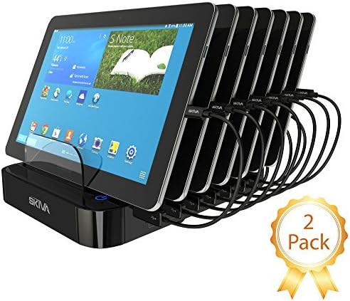 [2-Pack] Skiva StandCharger 7-Port 84W/16.8A Desktop USB Fast Charging Station Dock with '14 units of Short (0.5ft) microUSB Cables' for Samsung, Smart Phones &amp; Tablets [Model:AC127]
