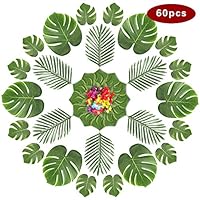 Lalacolorful 60Pcs Tropical Artificial Plant Hibiscus Flowers Simulation Artificial Leaf for Birthday Party Decorations Supplies Party Jungle Beach Theme Table Leave Decorations (A)