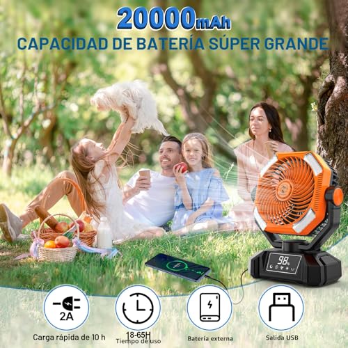 Camping Fan with LED Light, 20000mAh Rechargeable Automatic Vibration Fans for Outdoor Camping Tent with Remote, 5 Speed USB Desk Fan for Fishing, Picnic
