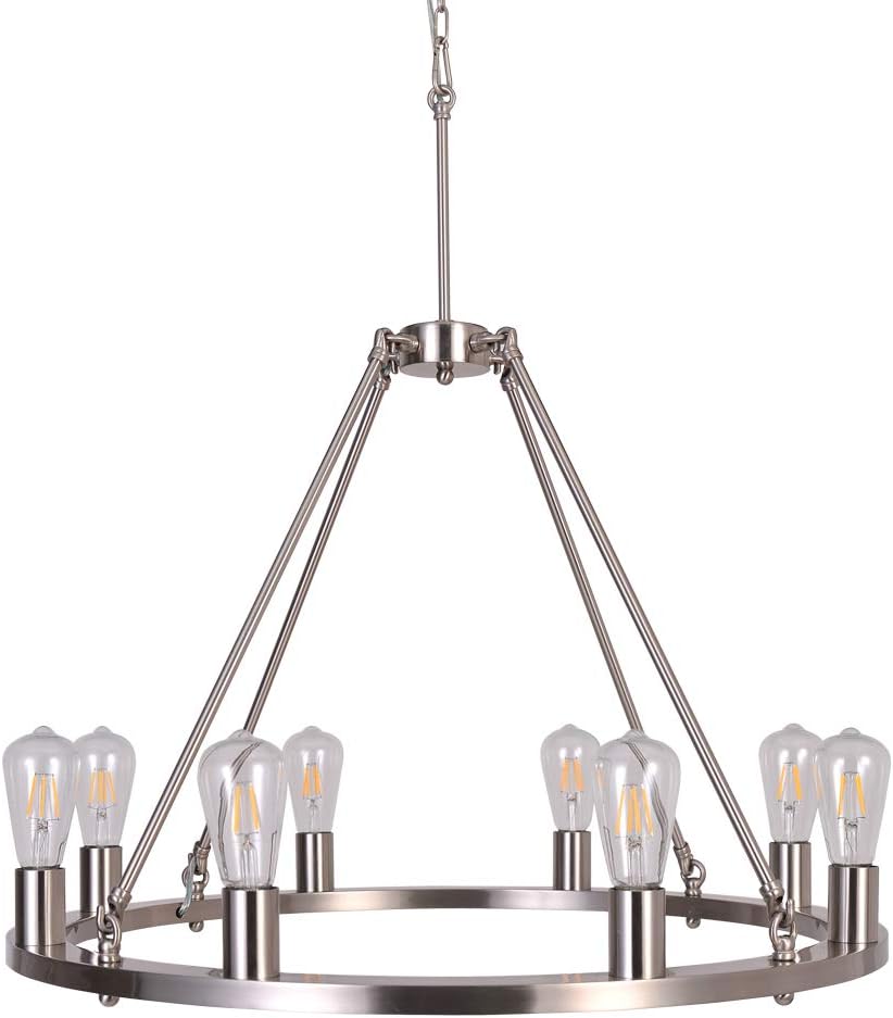 OSAIRUOS Farmhouse Rustic Chandelier Antique Retro Industrial Ceiling Pendant Light Round Rod Iron Chandeliers Lighting Fixture 8-Lights for Kitchen Island Living Room W30'', Nickel - - 