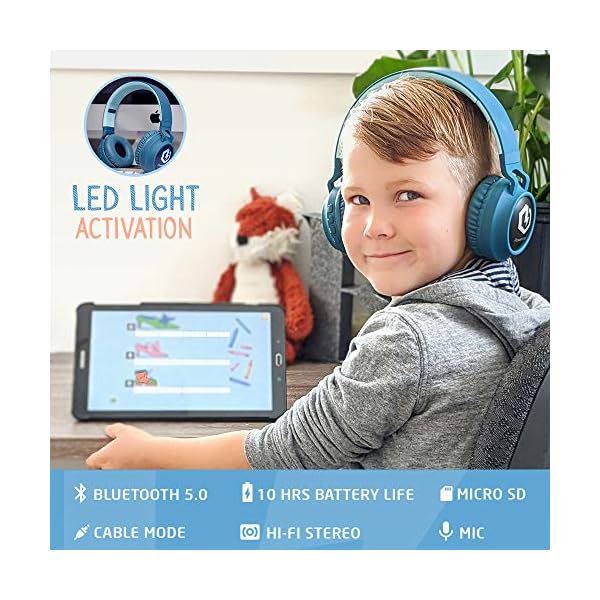 Headphones-for-Kids-PowerLocus-Bluetooth-Headphones-Kid-Headphone-Over-Ear-with-LED-Lights-Foldable-Headphones-with-MicrophoneVolume-Limited-Wireless-and-Wired-Headphone-for-PhonesTabletsPCTV PowerLocus Headphones for Kids, Bluetooth Headphones, Kid Headphone Over-Ear with LED Lights, Foldable Headphones with…