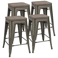 JUMMICO Metal Bar Stools Indoor-Outdoor Stackable Modern 24 Inches Gun Metal Counter Height Industrial Barstools with Wooden Seat (Set of 4)