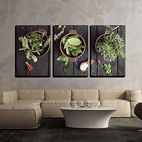 3 Piece Canvas Wall Art - Mediterranean Herbs and Ingredients: Rosemary, Thyme, Sage, Salt, Oregano - Modern Home Art Stretched and Framed Ready to Hang - 16"x24"x3 Panels
