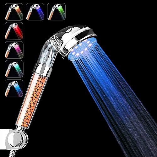 PRUGNA LED Shower Head with Hose and Wall Arm Mount, High-Pressure Ionic Filter Handheld Shower for Repair Dry Skin and Hair Loss - Color Changes Cyclically