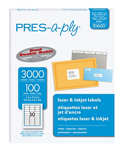 PRES-a-ply Laser Address Labels, 1 x 2-5/8, White, 3000/Box