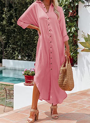 DOKOTOO WOMENS PLUS SIZE CASUAL SUMMER SPRING WRAP BUTTON DOWN FRONT COTTON LONG SLEEVE MAXI DRESS LONG CARDIGAN BEACH BOHO COVER UPS SHIRT DRESSES FOR WOMEN 2024 PINK MEDIUM