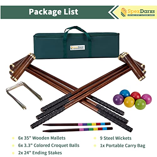 SpexDarxs Six Player Croquet Game, 35’’ Croquet Set with Premium Wooden Mallets|Colored Balls|Wickets|Stakes| Carrying Bag, Classic Outdoor Backyard Lawn Games for Teens Adults Family