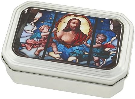 "Symbols of Faith" Tin Rosary Box with Multi-Color Stained Glass Decal
