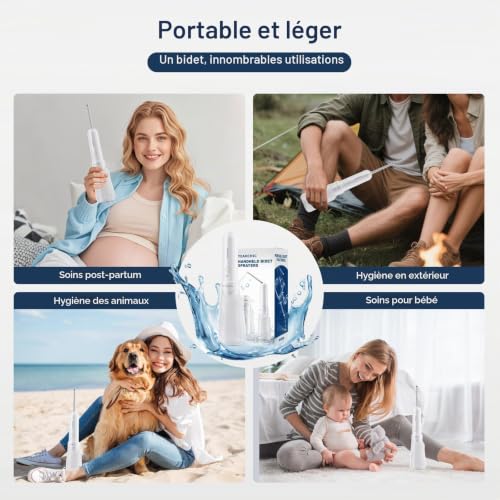 YEAHCHIC Bidet portable pour Voyage – USB-C Rechargeable, 3 Modes, 400 ML, Pulvérisateur Etanche + 2 Buses – Bidet Portable pour Bébé, Bidet pour Homme, Bidet de Voyage pour Femme