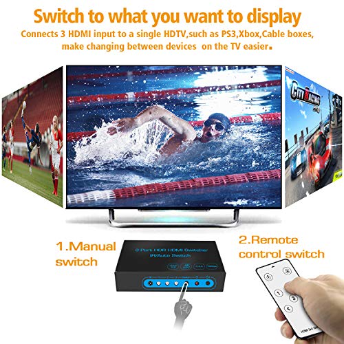 4K@60Hz HDMI Switch FiveHome 3 in 1 Out HDMI Switcher with IR Remote Support Auto Switch HDR HDCP 2.2 Dolby Vision1080P 3D