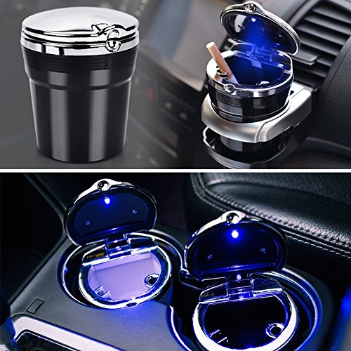 Follicomfy Car Cigarette Ashtray Auto Portable Smokeless Cup Holder Cylinder With Blue LED Light,Gold