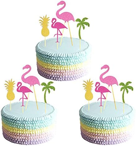 ZINKODA Cake Tooper Flamingo Pineapple Coconut Tree Cake Picks for Beach Party 12 Counts