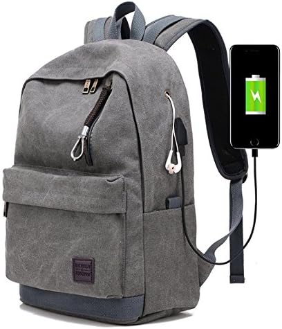 Alisaouse Canvas Backpack,Organizer Bag with USB Charging Port &amp; Headphone Interface for School Travel Hiking Camping Daypack Fits up to 15.6 inch Laptop