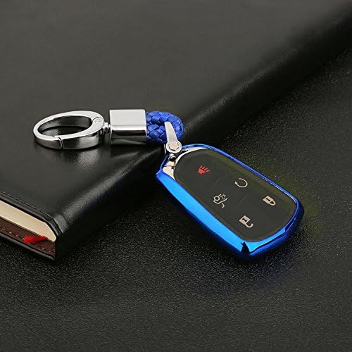 DeAutoBug Smart Keyless Remote Case Key Soft PU Protector Shell Key Fob Holder with Stainless Steel Key Chain Keychain for Cadillac ATS CT6 CT6 PLUG-IN PLUGIN XTS XT5 CTS Escalade SRX (Blue)