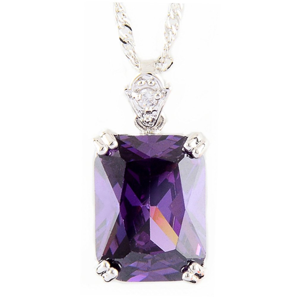 RIZILIA Pendant with 45cm(18") Chain & Rectangular Cut Gemstones CZ [Purple Amethyst] in 18K White Gold Plated, Simple Modern Elegance
