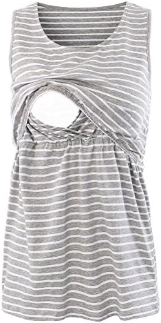 Pinkydot 2 Layers Maternity Nursing Comfy Tank Tops Sleeveless Comfy Breastfeeding Clothes Grey White Stripe Medium