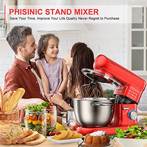 PHISINIC Stand Mixer, 5.8-QT 660W Electric Kitchen Mixer, 6-Speed Tilt-Head Household Stand Mixer, Kitchen Food Mixer with Dough Hook, Wire Whip and Beater, for Baking, Cake, Cookie, Kneading (Red)