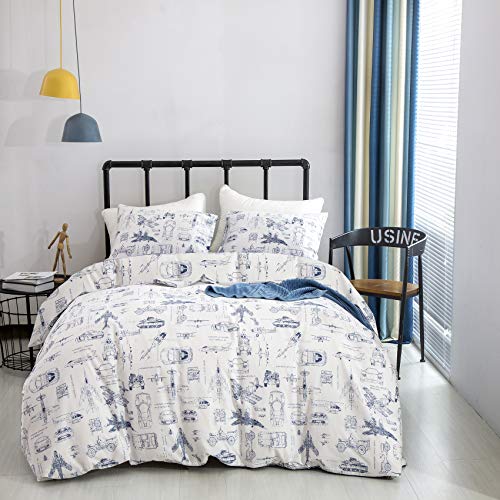 Wellboo Kids Aircraft Comforter Set - Twin Size Blue & White Plane Cartoon Bedding, 3 Piece (Comforter + 2 Shams)