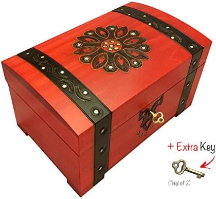 Large Red Decorative Wood Handmade Chest Floral Design Jewelry Keepsake Box with Lock and Key Made in Poland