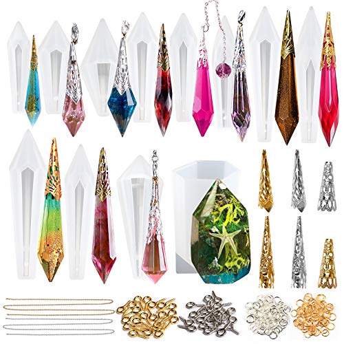 FUNSHOWCASE Pendulum Crystal Point Resin Silicone Molds 12-Count Jewelry Casting 220-Kits Set Filigree Cone Caps, Necklace Chains, Screw Eye Pins, Open Jump Rings