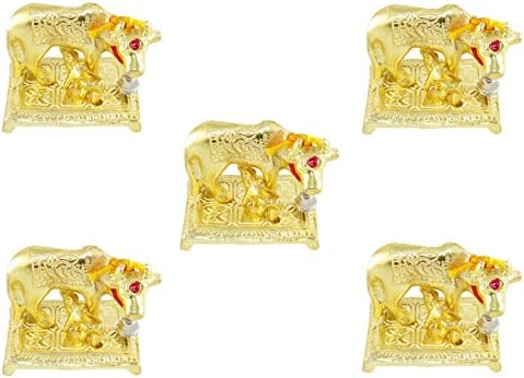 GoldGiftIdeas Oxidized Gold Plated Cow and Calf Idol for Gift (9 x 5 CM), Kamdhenu Cow and Calf Statue for Home Decor, Return Gift for Baby Shower (Pack of 5)
