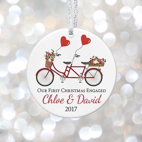 Personalized Engagement Ornament 2017, She Said Yes! Tandem Bicycle Floral Xmas Christmas Gift for Engaged Couple - 3" Flat Circle Ceramic Ornament - Gold &amp; Silver Ribbon | PGM-OR-85b