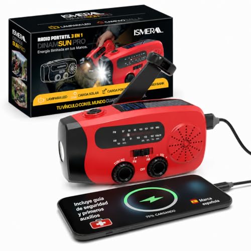 ® Radio Solar de Emergencia con Manivela e Incluye Manual de Emergencias, Radio Solar 2000mAh, 3 Modos Carga (Dynamo, Panel Solar, USB), Radio Am FM con Linterna LED, SOS y Supervivencia