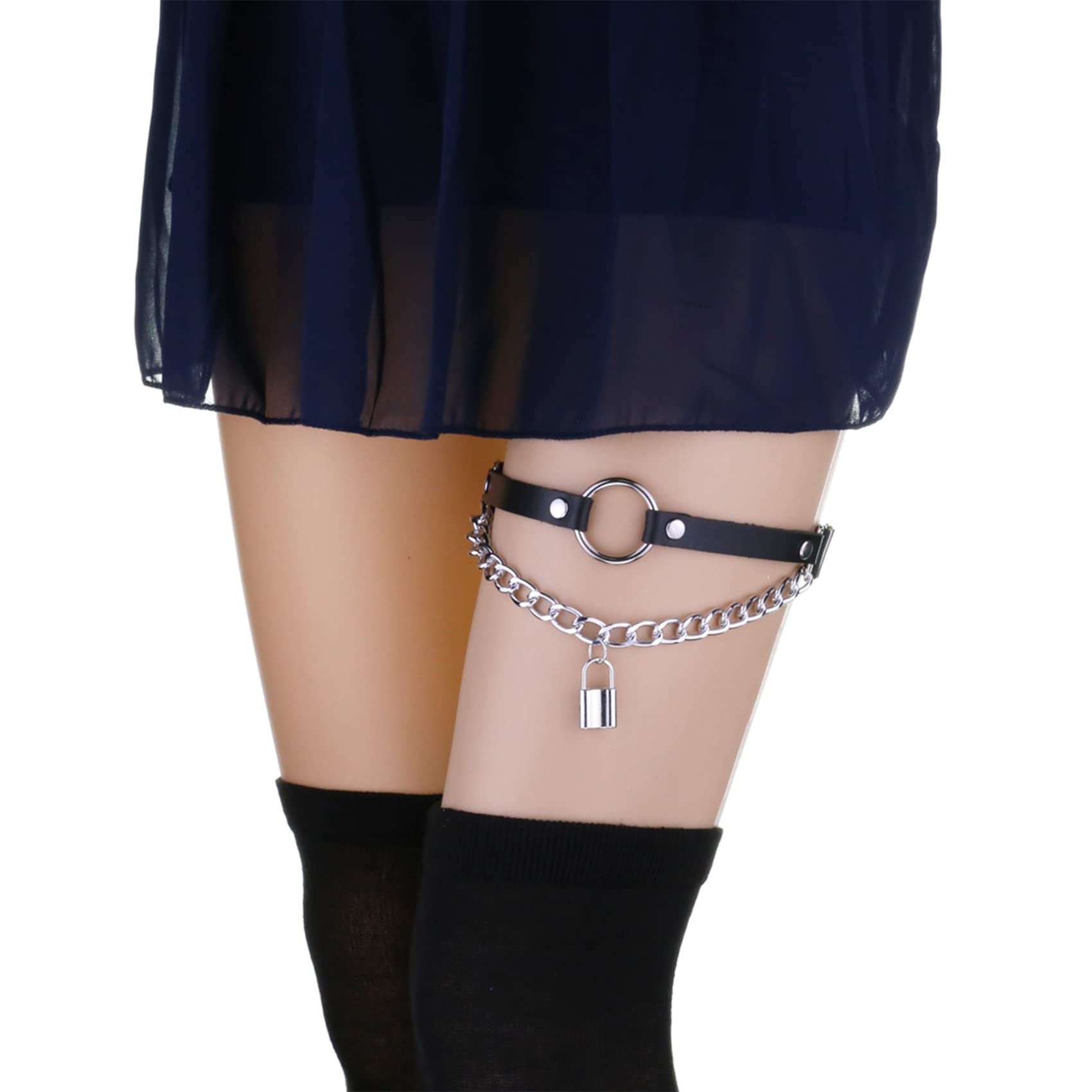 alisikee O-ring Leg Garter with Key Chains, Elastic Punk Thigh Garters for Women, Black, 1 Pair