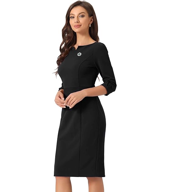 Allegra K Women 3/4 Sleeve Business Casual Midi Dress