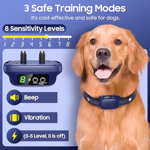 Dog Bark Collar for Large Medium Dogs,Automatic Barking Collar with 3 Training Mode,Rechargeable Anti Bark Collar with 8 Adjustable Sensitivity & 3 Effective Training Modes Sapphire Blue