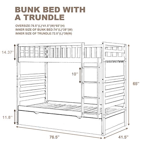 Twin Over Twin Bunk Bed, Rockjame Space Saving Design Sleeping Bedroom Furniture with Trundle Solid Wood Bunk Bed, Ladder and Safety Rail for Boys and Girls (White)