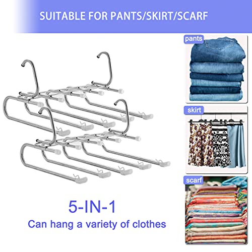 Non Slip Pants Hangers, Space Saving for Closet Organizer 5 Multiple Layered, Metal Stainless Steel Rack for Scarf Jeans Trousers ( White, 2 Pack) (White)