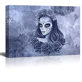 Canvas Print Wall Art - Day of The Dead (Dia De Los Muertos) Themed Beautiful Sugar Skull Woman - Gallery Wrap Modern Home Art | Ready to Hang - 12x18 inches